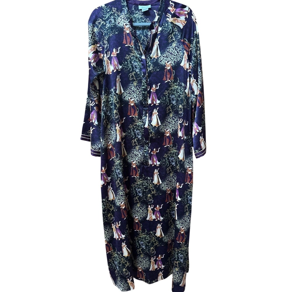 Natori Purple Indian Dancer Print Satin Caftan Maxi Robe Dress Large RN 89782
